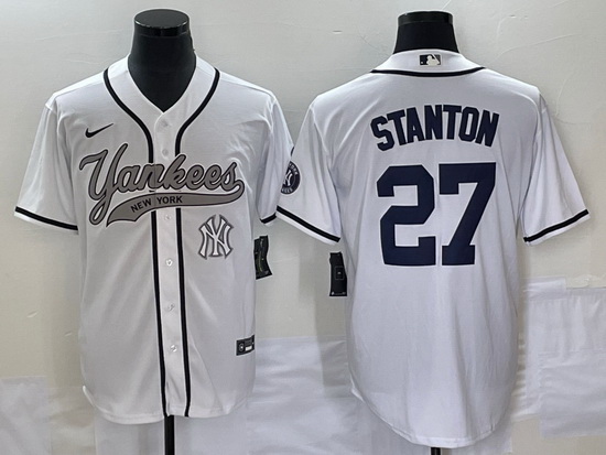 Men New York Yankees 27 Giancarlo Stanton White With Patch Cool Base Stitched Baseball Jersey