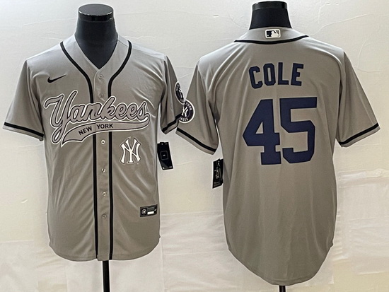 Men New York Yankees 45 Gerrit Cole Gray With Patch Cool Base Stitched Baseball Jersey