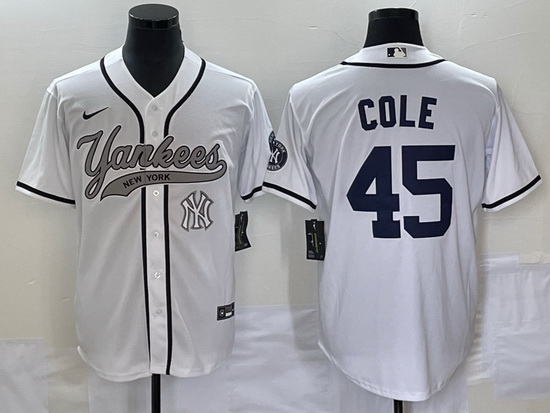 Men New York Yankees 45 Gerrit Cole White With Patch Cool Base Stitched Baseball Jersey