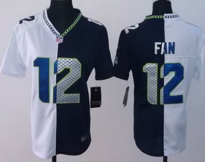 Women Nike Seattle Seahawks 12# Fan White Blue Split NFL Jerseys