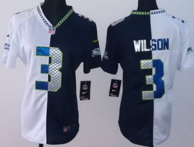 Women Nike Seattle Seahawks #3 Russell Wilson White Blue Split NFL Jerseys