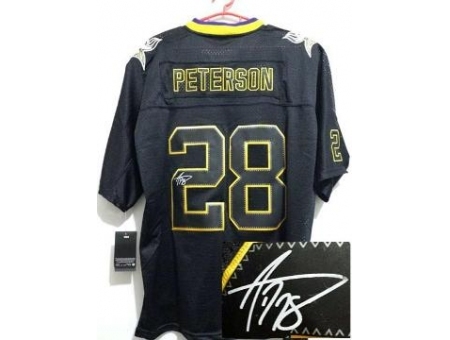 Nike Minnesota Vikings 28 Adrian Peterson Black Elite Light Out Signed NFL Jersey