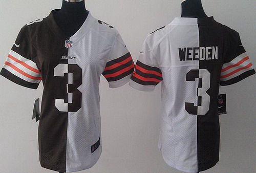 Women Nike Cleveland Browns 3 Brandon Weeden White Brown Split NFL Jerseys