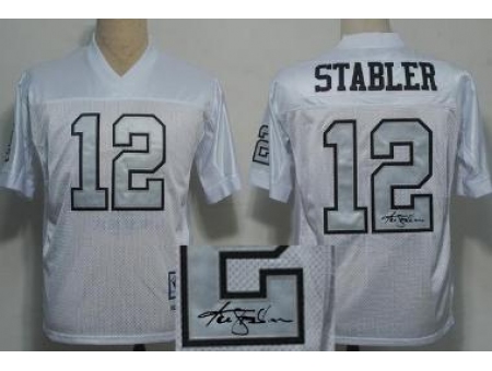 Oakland Raiders 12 Ken Stabler White Silver Number Throwback M&N Signed NFL Jerseys