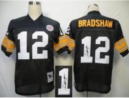 Pittsburgh Steelers 12 Bradshaw Black Throwback M&N Signed NFL Jerseys