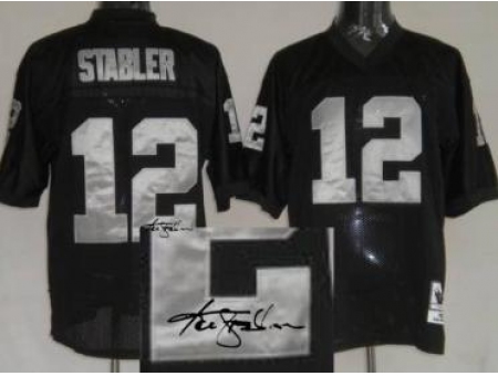 Oakland Raiders 12 Ken Stabler Black Throwback M&N Signed NFL Jerseys