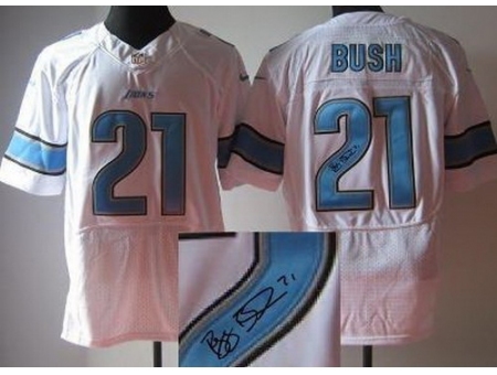 Nike Detroit Lions 21 Reggie Bush White Elite Signed NFL Jersey