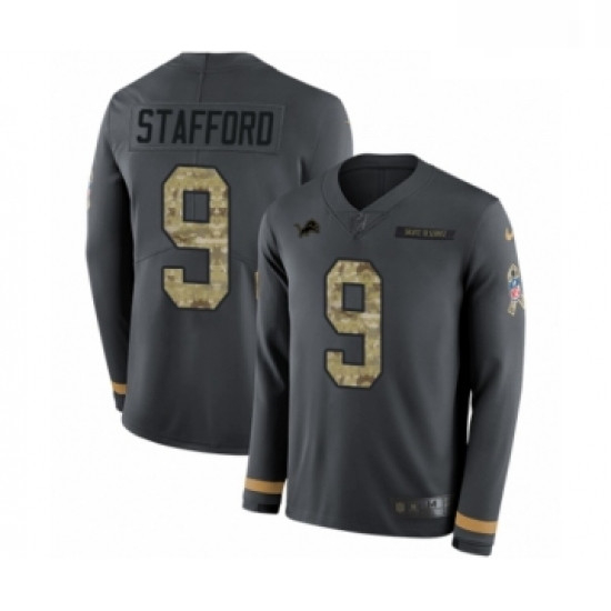 Men Nike Detroit Lions 9 Matthew Stafford Limited Black Salute to Service Therma Long Sleeve NFL Jer