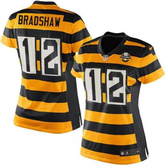 Womens Nike Pittsburgh Steelers 12 Terry Bradshaw Elite YellowBlack Alternate 80TH Anniversary Throw