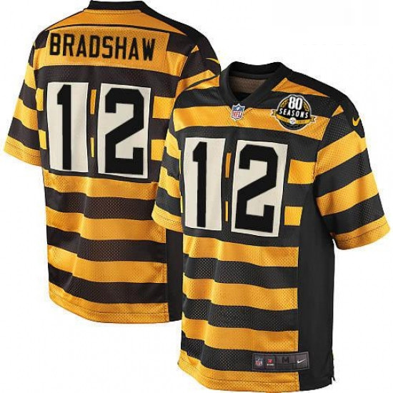 Mens Nike Pittsburgh Steelers 12 Terry Bradshaw Limited YellowBlack Alternate 80TH Anniversary Throw