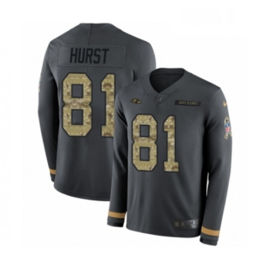 Mens Nike Baltimore Ravens 81 Hayden Hurst Limited Black Salute to Service Therma Long Sleeve NFL Je