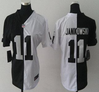 Womens Nike Oakland Raiders 11 Sebastian Janikowski Black and White Split NFL Jersey