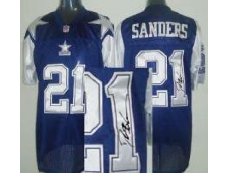 Dallas Cowboys 21 Deion Sanders Blue 75TH Patch Throwback M&N Signed NFL Jerseys