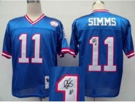 New York Giants 11 Phil Simms Blue Throwback M&N Signed NFL Jerseys