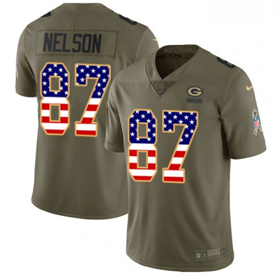 Youth Nike Green Bay Packers 87 Jordy Nelson Limited OliveUSA Flag 2017 Salute to Service NFL Jersey