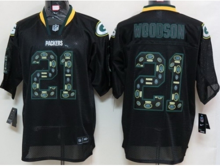 Nike Green Bay Packers 21 Charles Woodson Black Elite Lights Out Number With Team Logo NFL Jersey