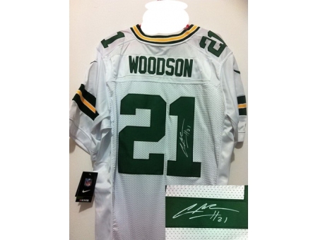 Nike Green Bay Packers 21 Charles Woodson White Elite Signed NFL Jersey