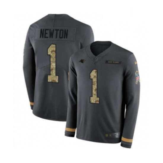 Mens Nike Carolina Panthers 1 Cam Newton Limited Black Salute to Service Therma Long Sleeve NFL Jers