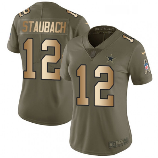 Womens Nike Dallas Cowboys 12 Roger Staubach Limited OliveGold 2017 Salute to Service NFL Jersey