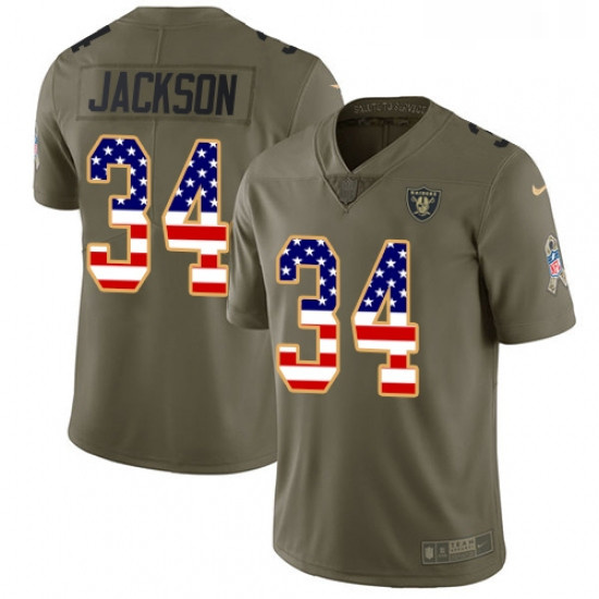 Mens Nike Oakland Raiders 34 Bo Jackson Limited OliveUSA Flag 2017 Salute to Service NFL Jersey