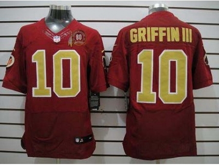 Nike Washington Redskins 10 Robert Griffin III Red Elite 80TH Patch Gold Number NFL Jersey