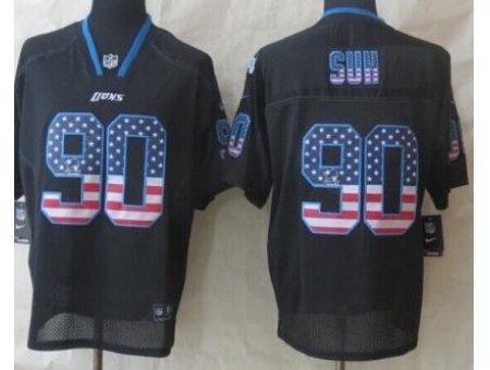 Nike Detroit Lions 90 Ndamukong Suh Black Elite USA Flag Fashion NFL Jersey