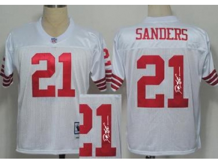 San Francisco 49ers 21 Deion Sanders White Throwback M&N Signed NFL Jerseys