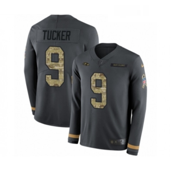 Mens Nike Baltimore Ravens 9 Justin Tucker Limited Black Salute to Service Therma Long Sleeve NFL Je