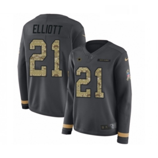 Womens Nike Dallas Cowboys 21 Ezekiel Elliott Limited Black Salute to Service Therma Long Sleeve NFL