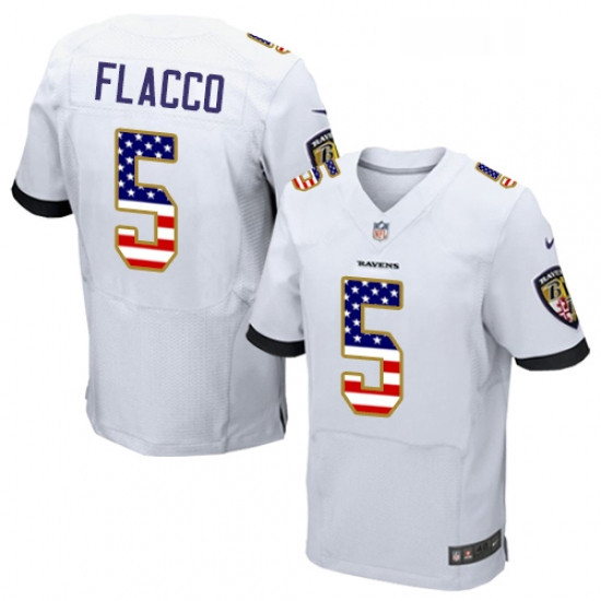 Mens Nike Baltimore Ravens 5 Joe Flacco Elite White Road USA Flag Fashion NFL Jersey