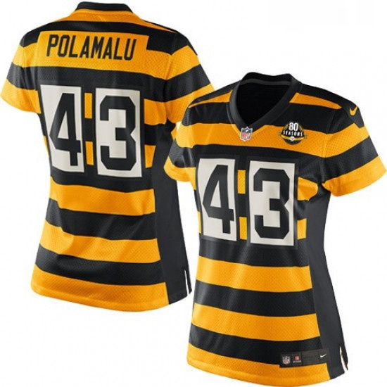 Womens Nike Pittsburgh Steelers 43 Troy Polamalu Game YellowBlack Alternate 80TH Anniversary Throwba