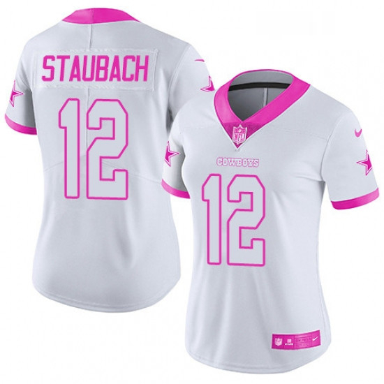 Womens Nike Dallas Cowboys 12 Roger Staubach Limited WhitePink Rush Fashion NFL Jersey