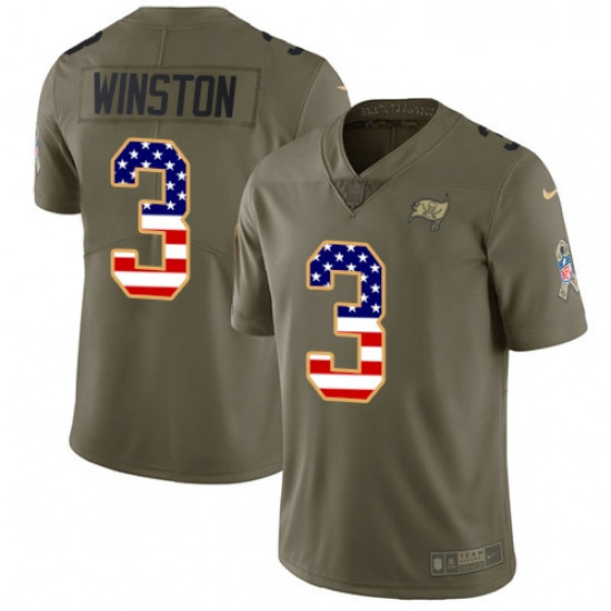 Youth Nike Tampa Bay Buccaneers 3 Jameis Winston Limited OliveUSA Flag 2017 Salute to Service NFL Je