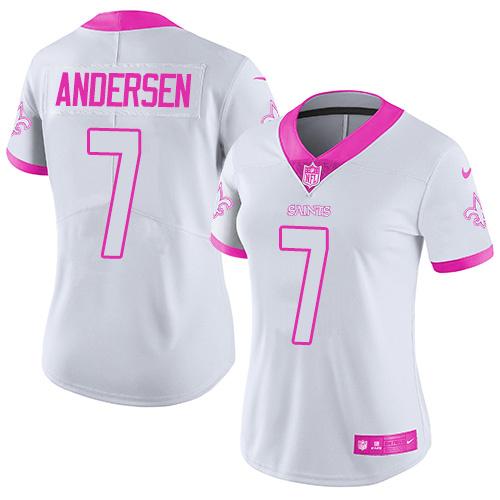 Nike Saints #7 Morten Andersen White Pink Womens Stitched NFL Limited Rush Fashion Jersey