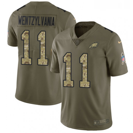 Mens Nike Philadelphia Eagles 11 Carson Wentz Limited OliveCamo 2017 Salute to Service Wentzylvania 