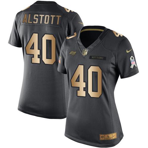 Nike Buccaneers #40 Mike Alstott Black Womens Stitched NFL Limited Gold Salute to Service Jersey