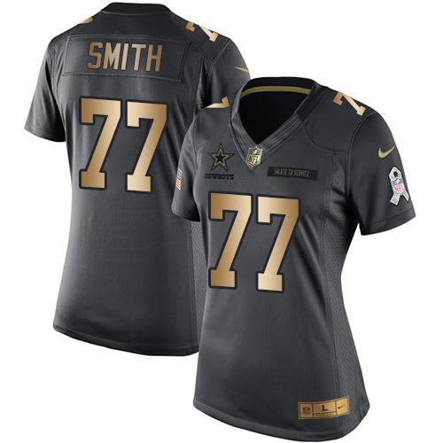 Nike Cowboys #77 Tyron Smith Black Womens Stitched NFL Limited Gold Salute to Service Jersey