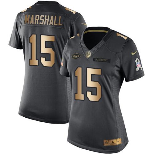 Nike Jets #15 Brandon Marshall Black Womens Stitched NFL Limited Gold Salute to Service Jersey