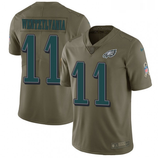 Mens Nike Philadelphia Eagles 11 Carson Wentz Limited Olive 2017 Salute to Service Wentzylvania NFL 