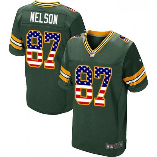 Men Nike Green Bay Packers 87 Jordy Nelson Elite Green Home USA Flag Fashion NFL Jersey