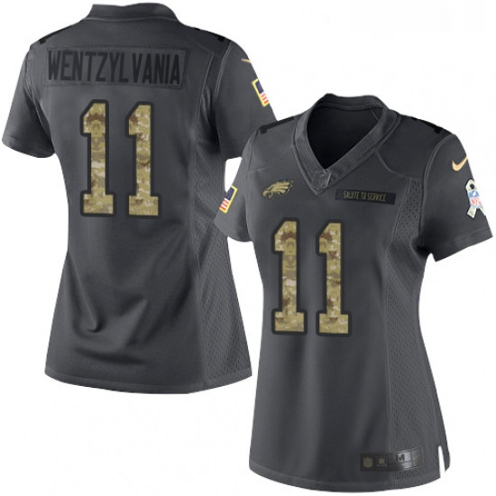 Womens Nike Philadelphia Eagles 11 Carson Wentz Limited Black 2016 Salute to Service Wentzylvania NF