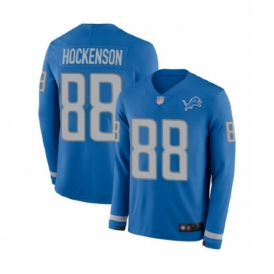 Youth Detroit Lions 88 TJ Hockenson Limited Blue Therma Long Sleeve Football Jersey