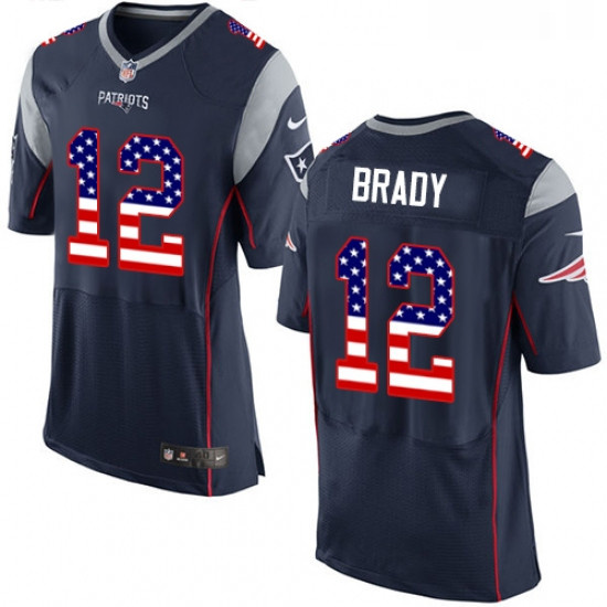 Mens Nike New England Patriots 12 Tom Brady Elite Navy Blue Home USA Flag Fashion NFL Jersey