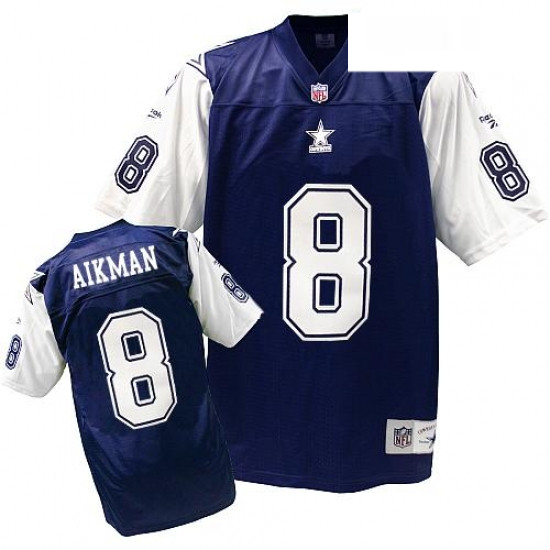 Mens Mitchell and Ness Dallas Cowboys 8 Troy Aikman Authentic Navy BlueWhite Authentic Throwback NFL