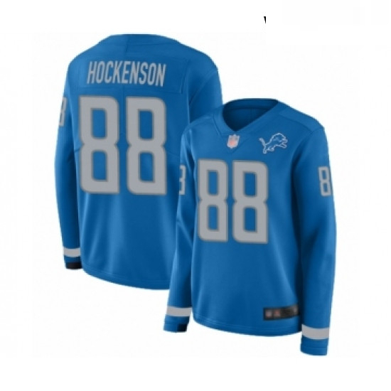 Womens Detroit Lions 88 TJ Hockenson Limited Blue Therma Long Sleeve Football Jersey