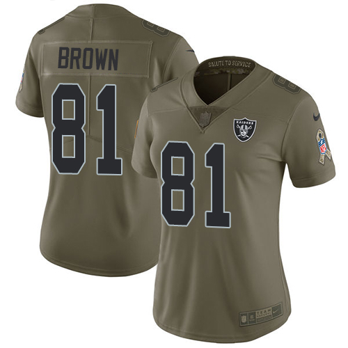 Womens Nike Raiders #81 Tim Brown Olive  Stitched NFL Limited 2017 Salute to Service Jersey