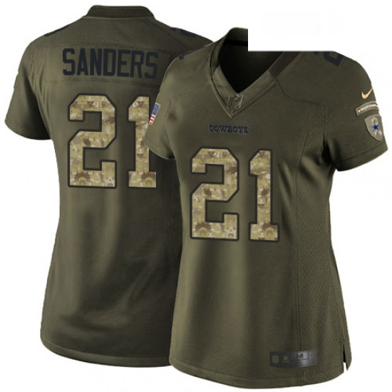 Womens Nike Dallas Cowboys 21 Deion Sanders Elite Green Salute to Service NFL Jersey