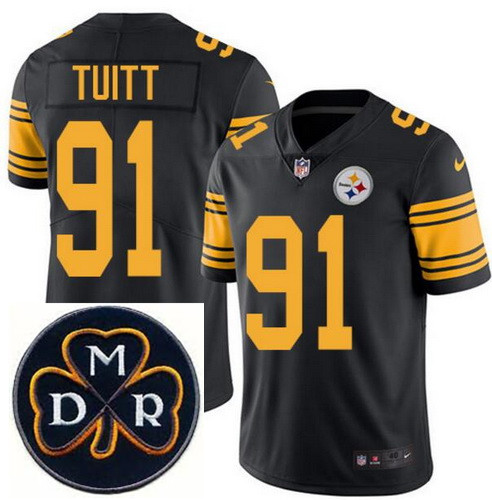 Men's Nike Pittsburgh Steelers #91 Stephon Tuitt Elite Black Rush NFL MDR Dan Rooney Patch Jersey