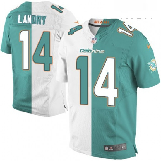 Mens Nike Miami Dolphins 14 Jarvis Landry Elite Aqua GreenWhite Split Fashion NFL Jersey