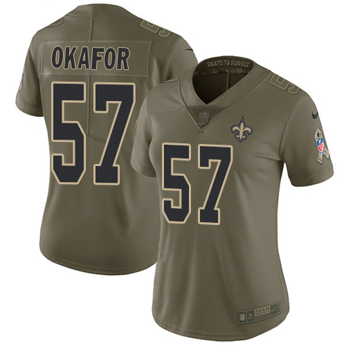 Nike Saints #57 Alex Okafor Olive Womens Stitched NFL Limited 2017 Salute to Service Jersey